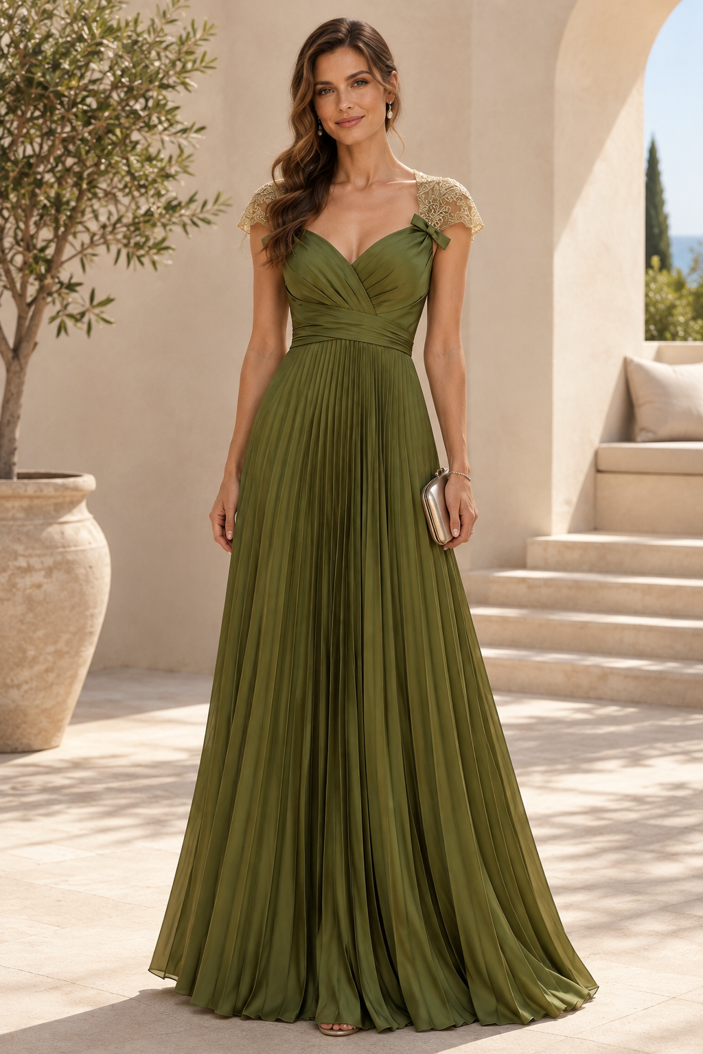Pleated A-Line Gown with Lace Cap Sleeves