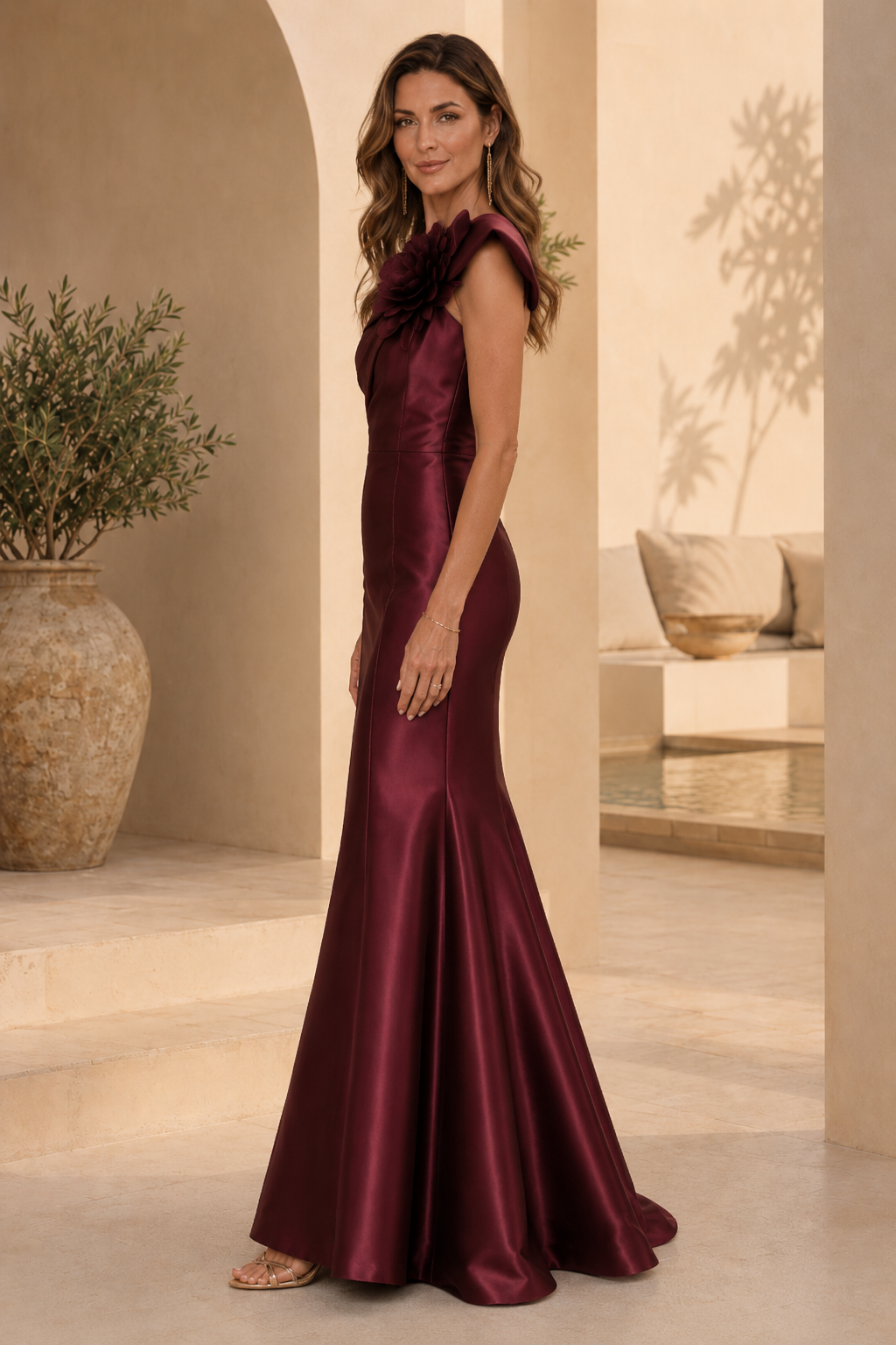 One-Shoulder Floral Accent Satin Mermaid Gown