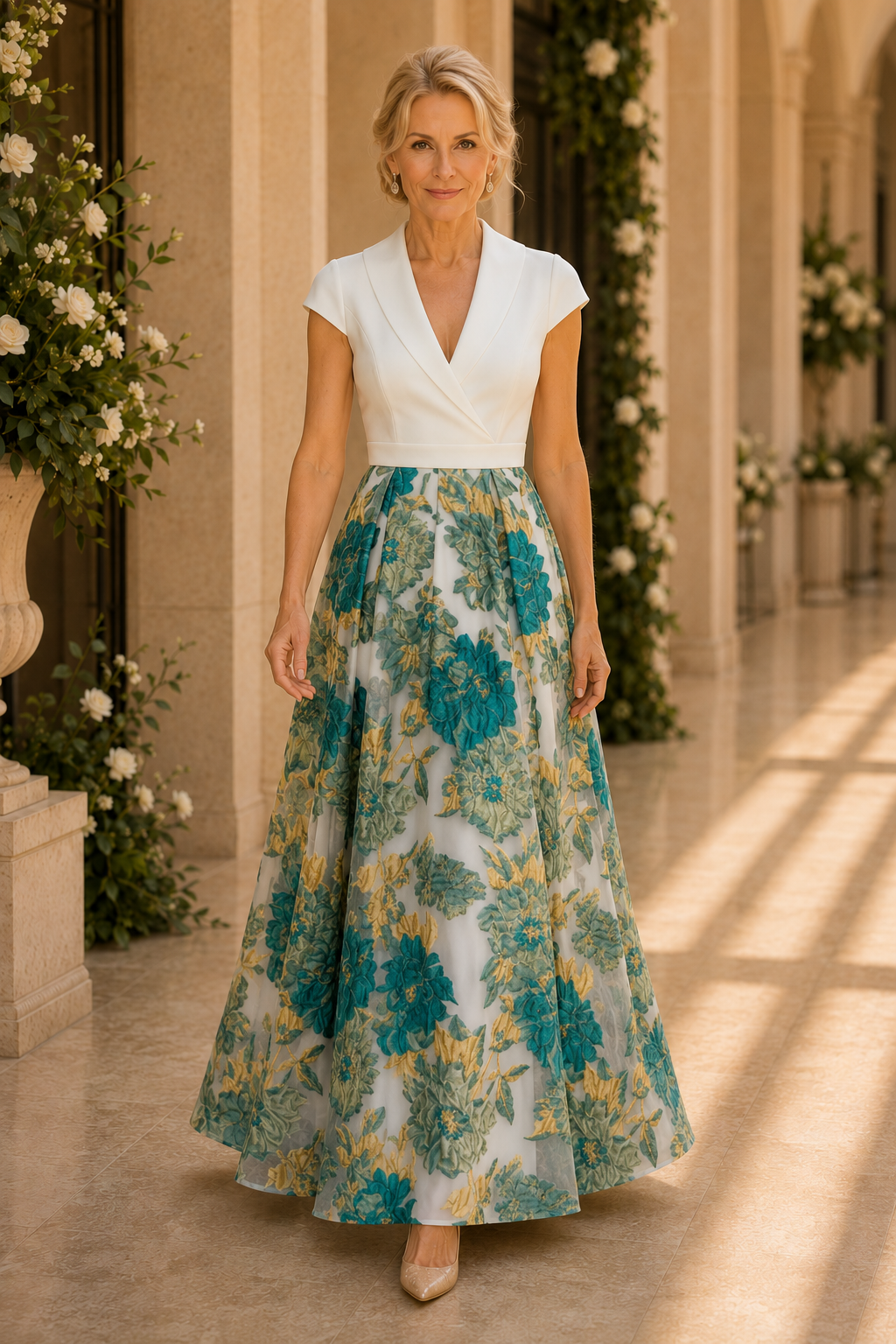 Collared V-Neck A-Line Gown with Floral Skirt