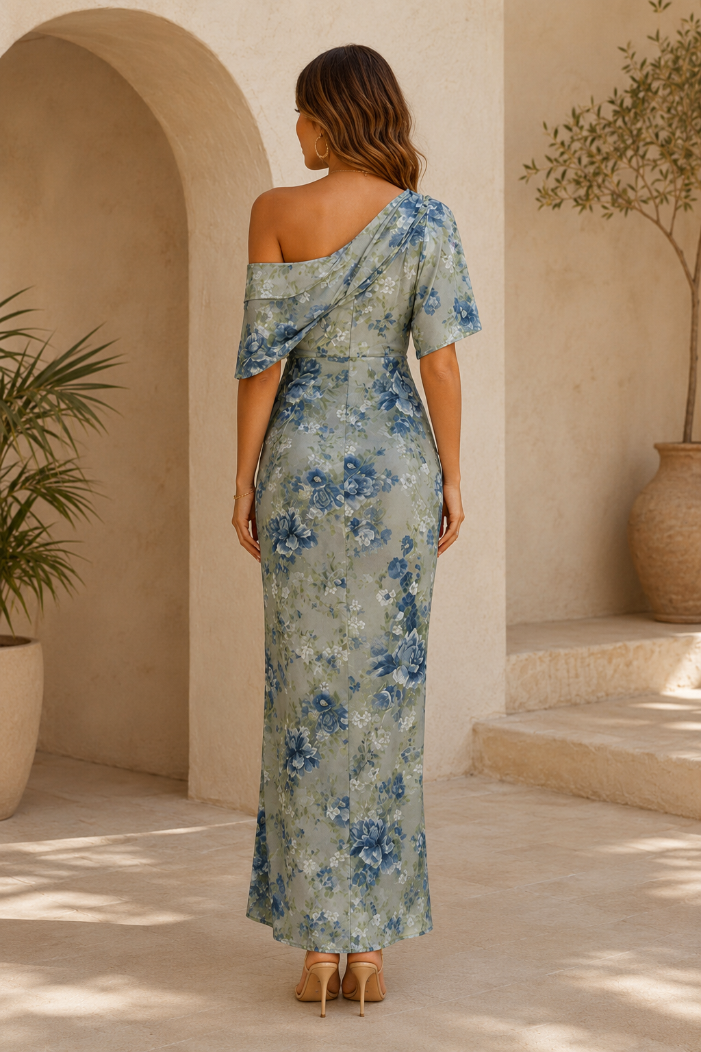 Asymmetrical One-Shoulder Floral Wrap Maxi Dress