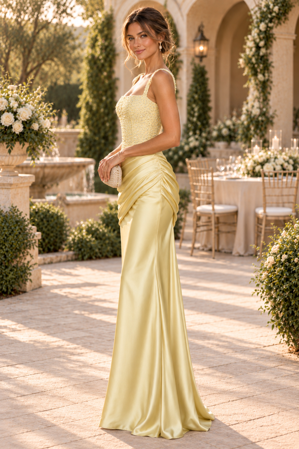 Beaded Corset Evening Gown with Ruched Satin Skirt
