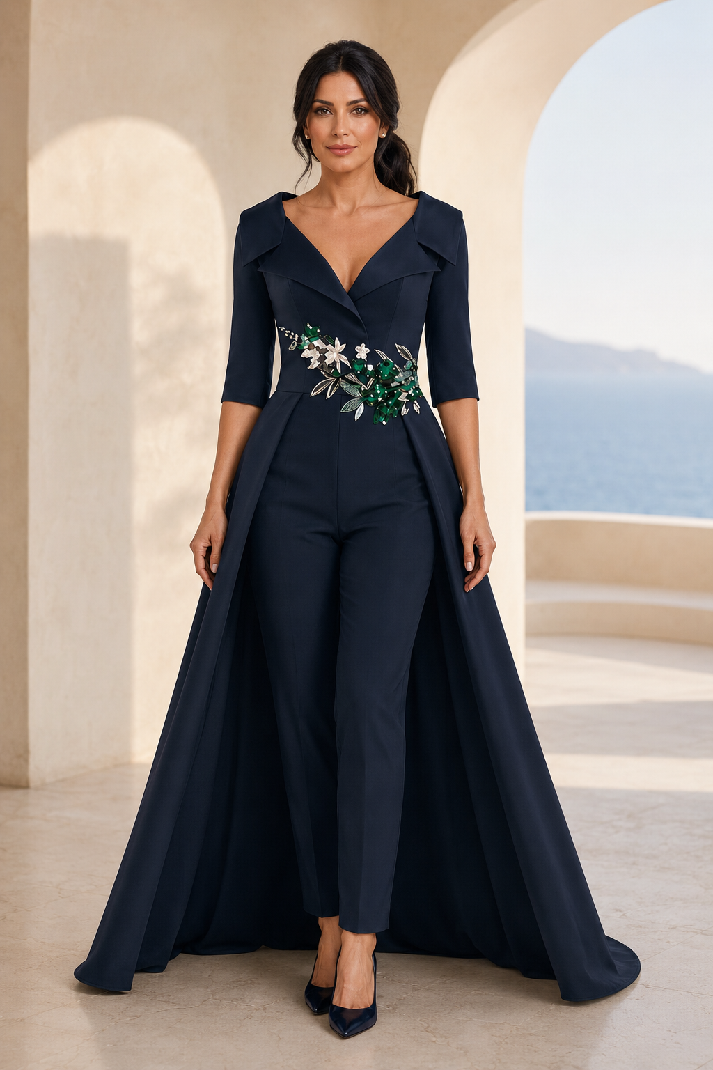 Jumpsuit with Detachable Overskirt & Floral Embroidery