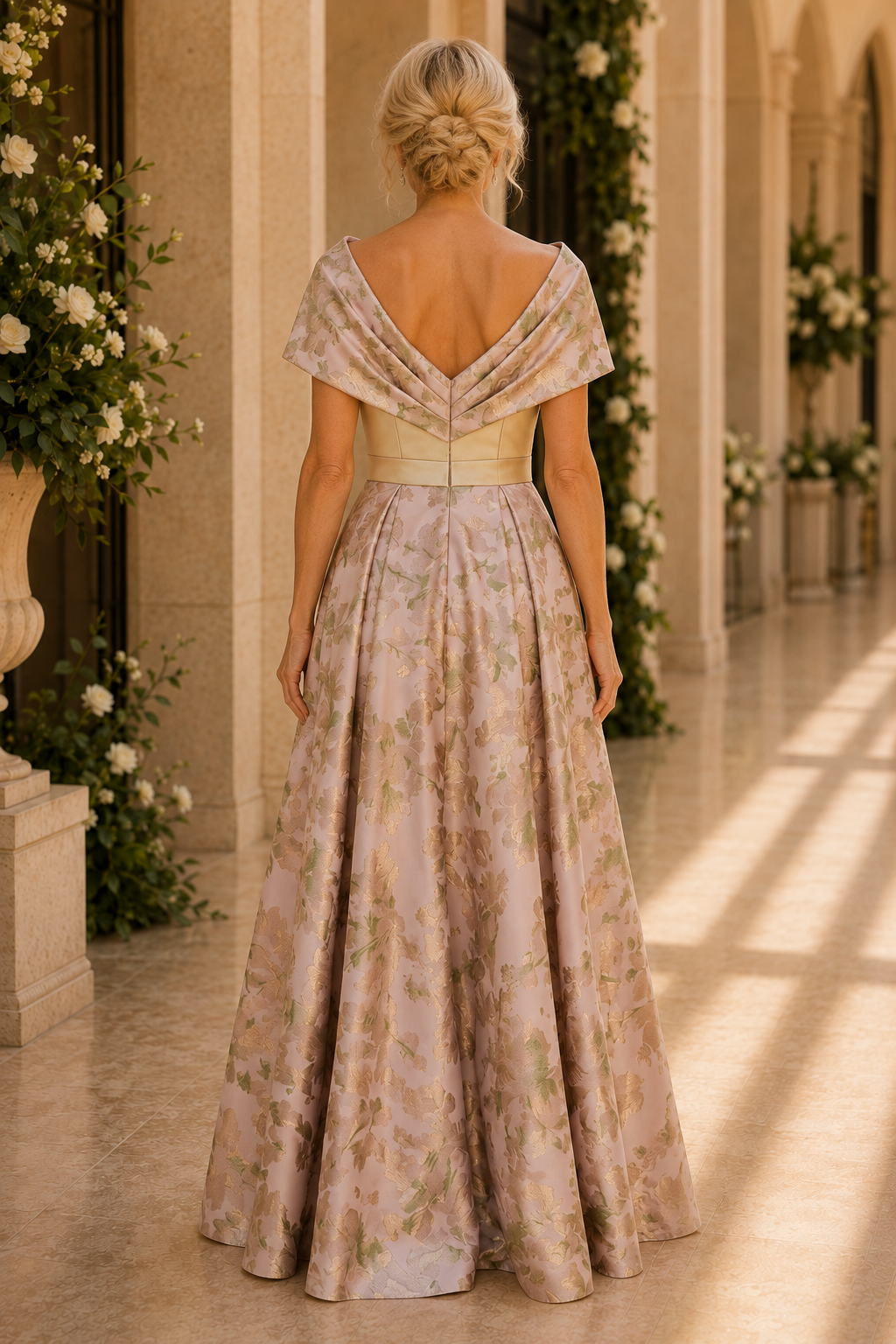Floral Jacquard A-Line Gown with Draped Neckline