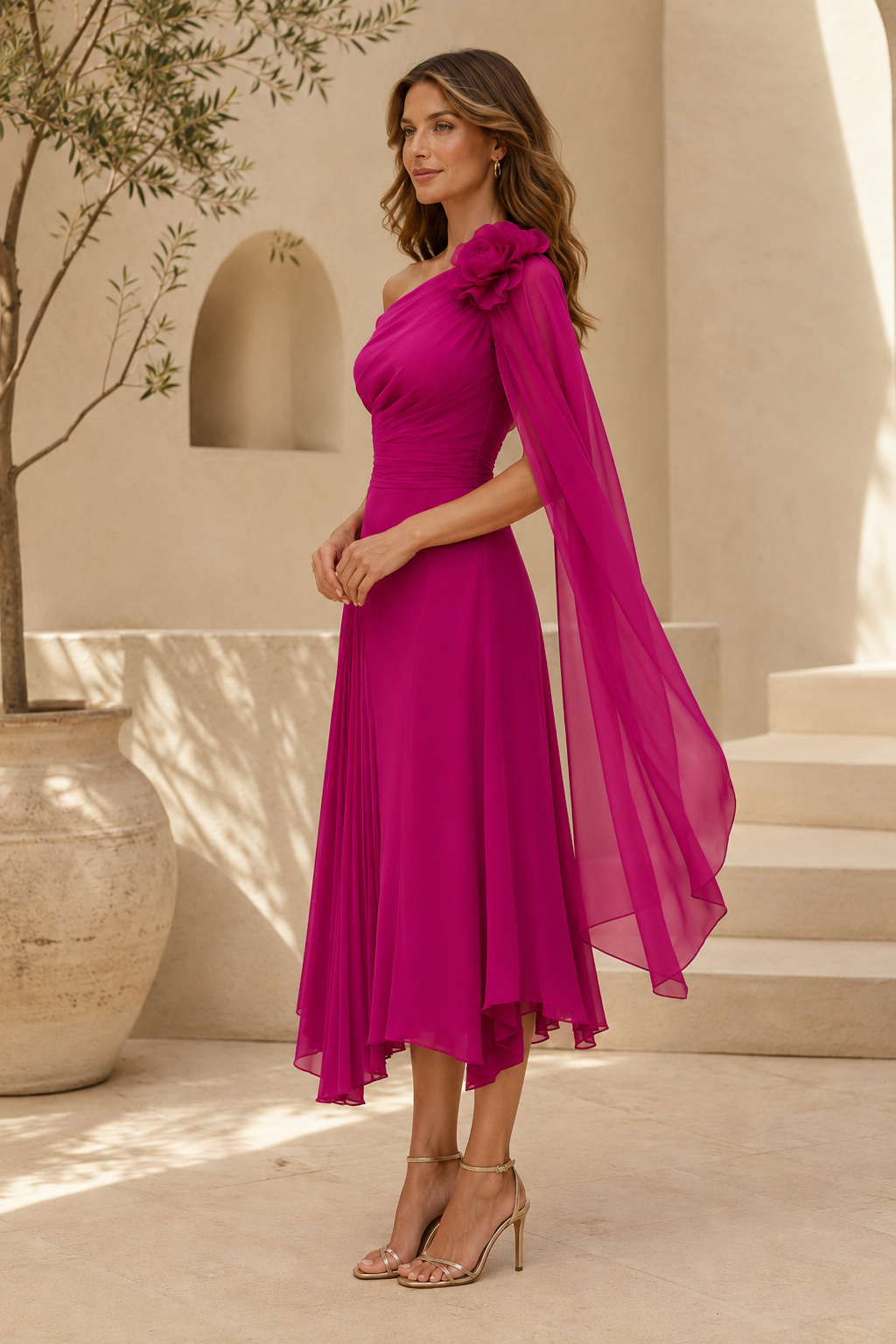 One-Shoulder Floral Midi Dress with Cape