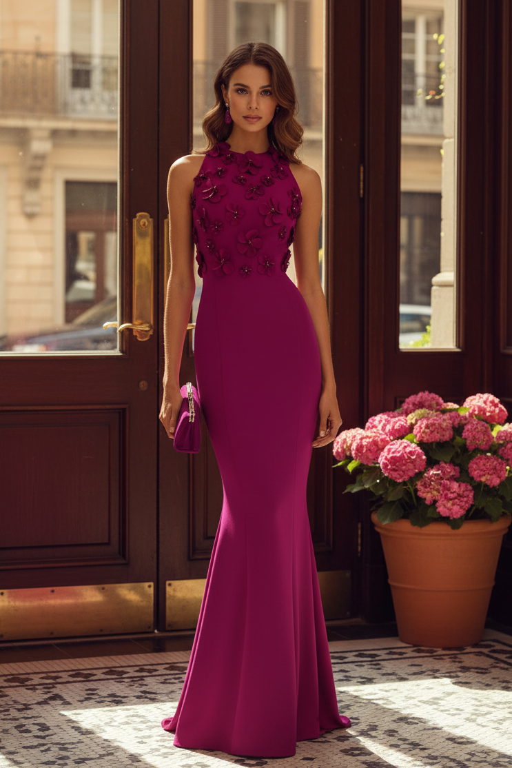 3D Floral High Neck Mermaid Evening Gown