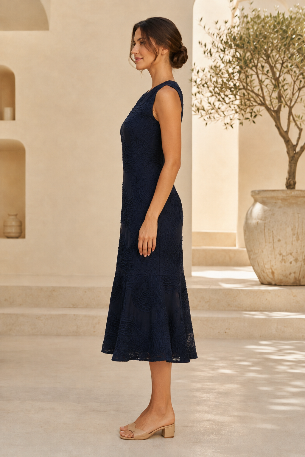 Sleeveless Textured Lace Midi Dress with Flounce Hem