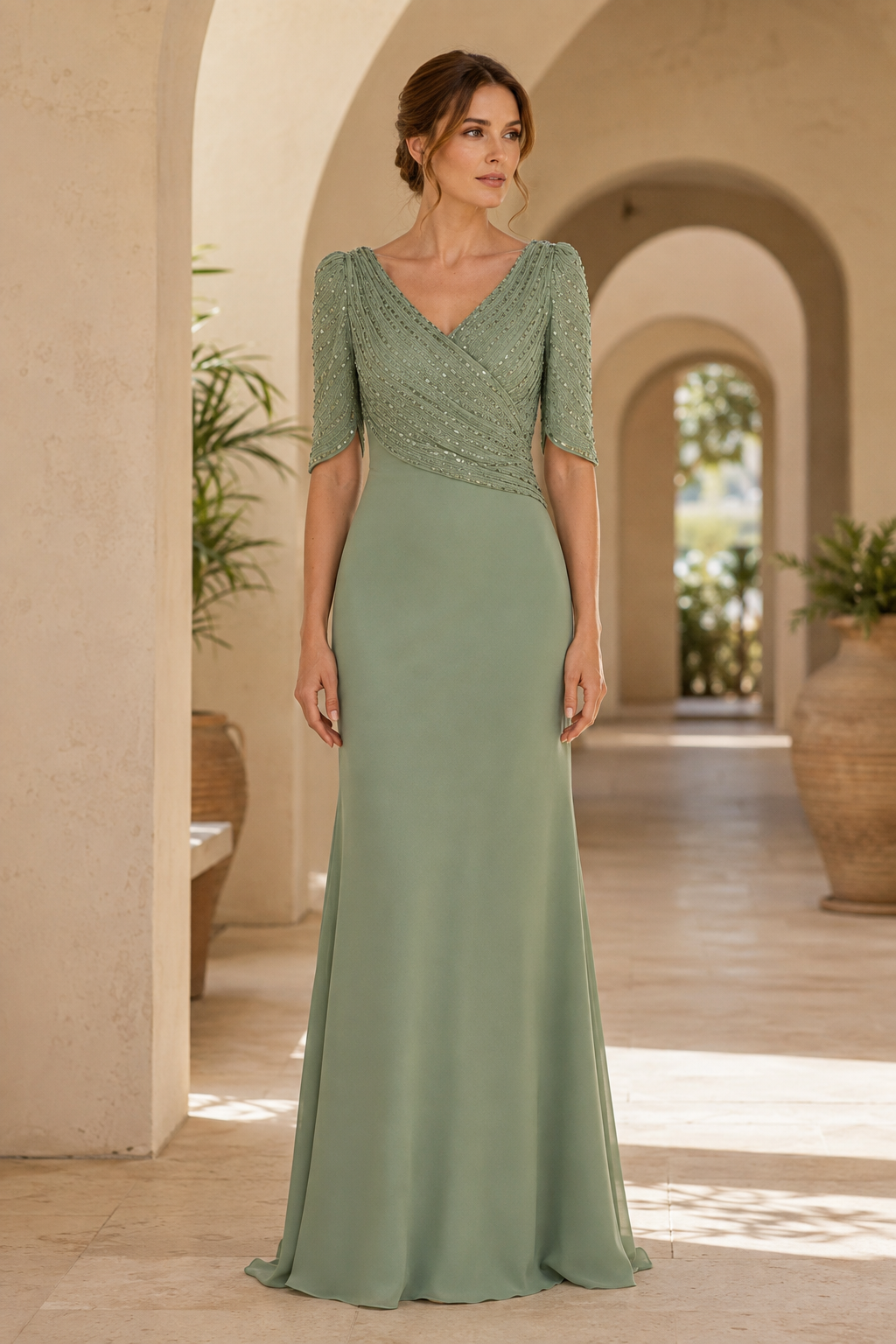 Beaded Asymmetrical Bodice Floor-Length Evening Gown