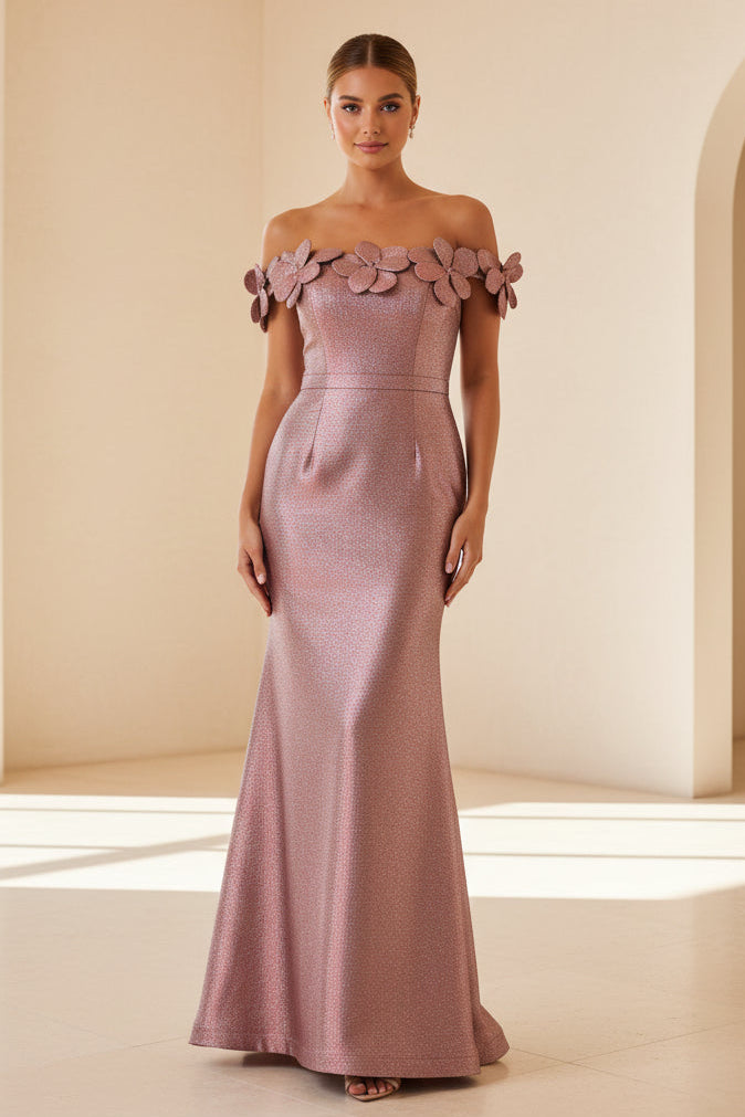 3D Floral Off-the-Shoulder Metallic Mermaid Gown