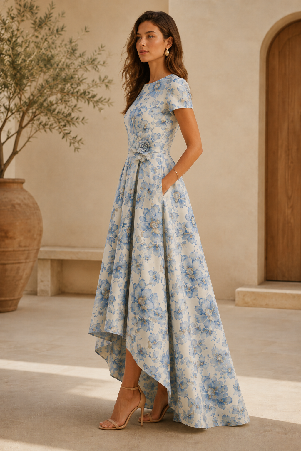 Floral High-Low A-Line Gown with 3D Flower