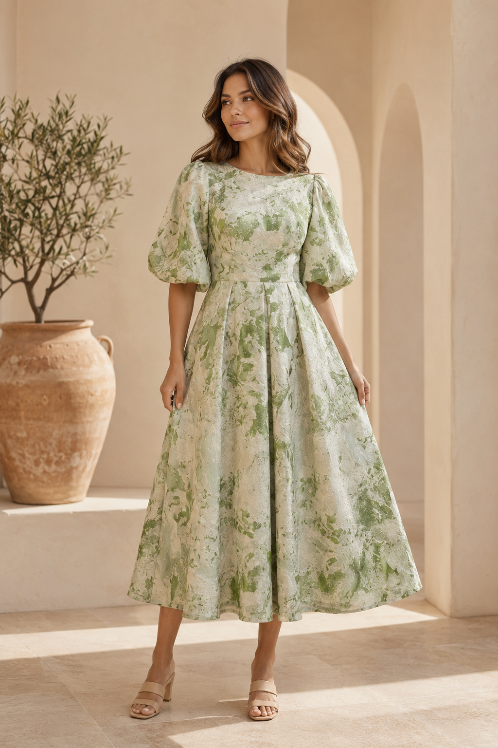 Puff Sleeve Floral Jacquard Midi Dress