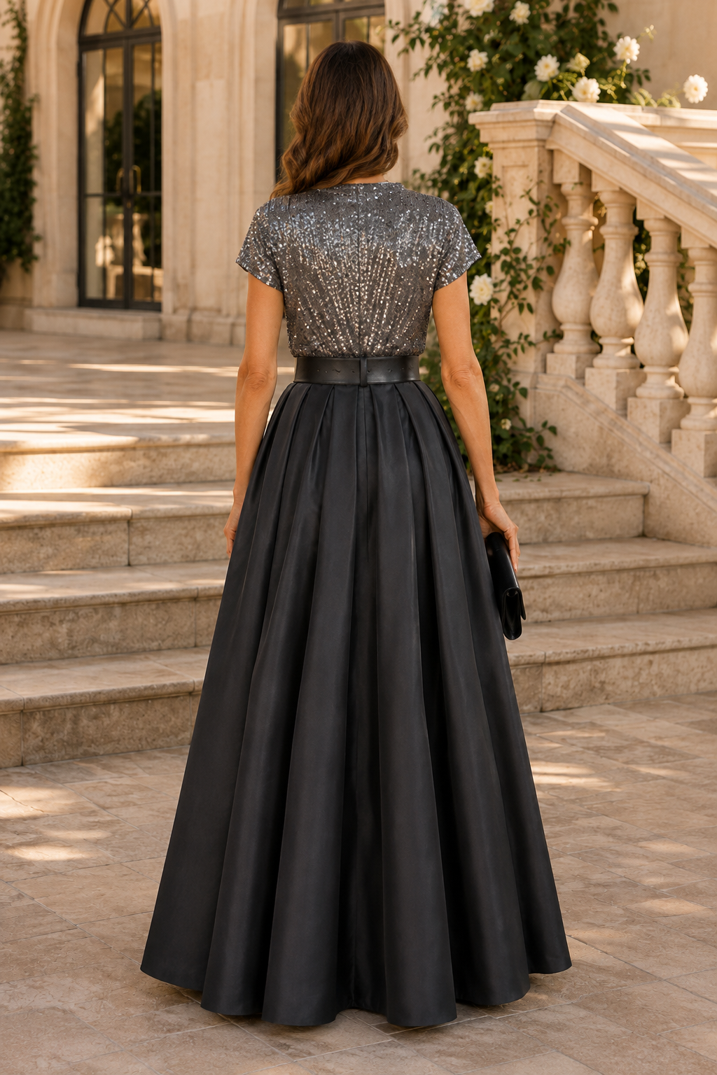 Sequin V-Neck A-Line Gown with Belted Pleated Skirt