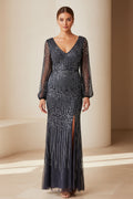 Beaded V-Neck Long Sleeve Evening Gown with Slit