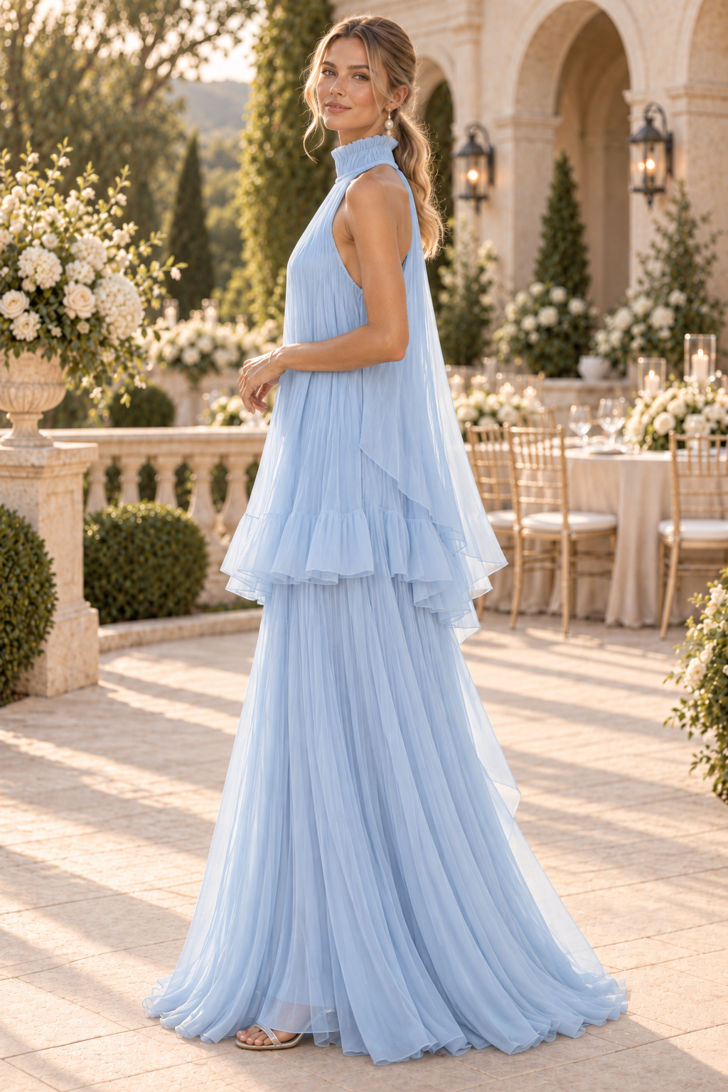 Pleated High-Neck Tiered Maxi Dress