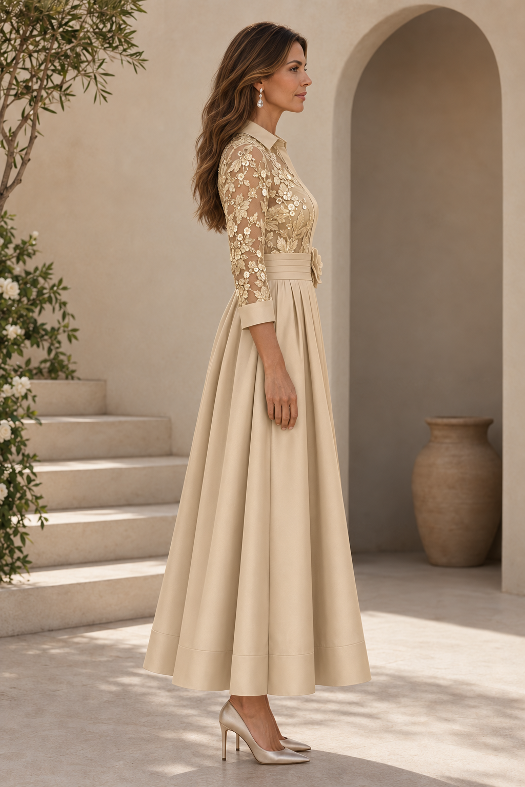 Collared Lace Bodice Pleated Tea-Length Dress