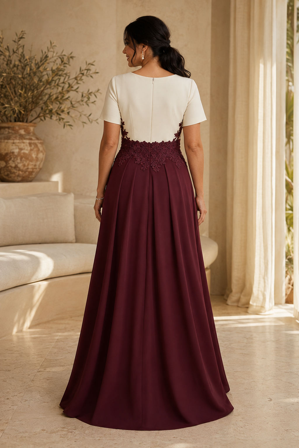 Two-Tone V-Neck Gown with Lace Waist and Side Slit