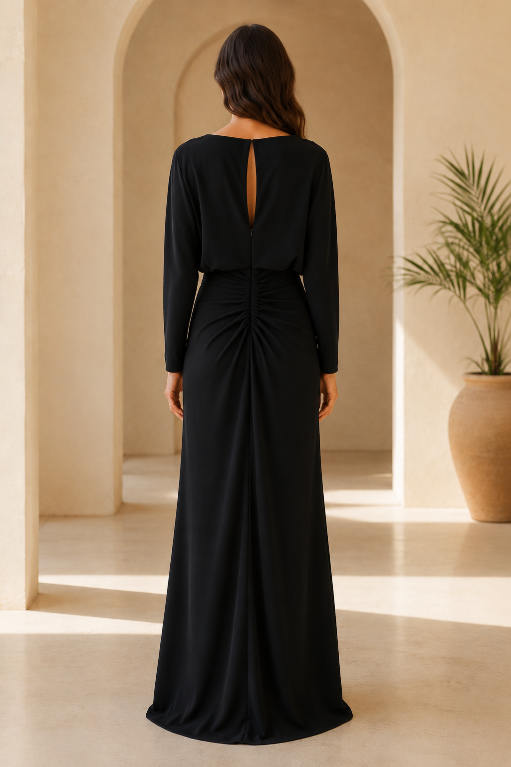 Long Sleeve Ruched Maxi Dress with Keyhole Back