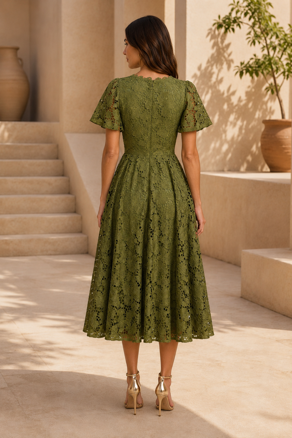 Olive Lace Midi Dress with Flutter Sleeves
