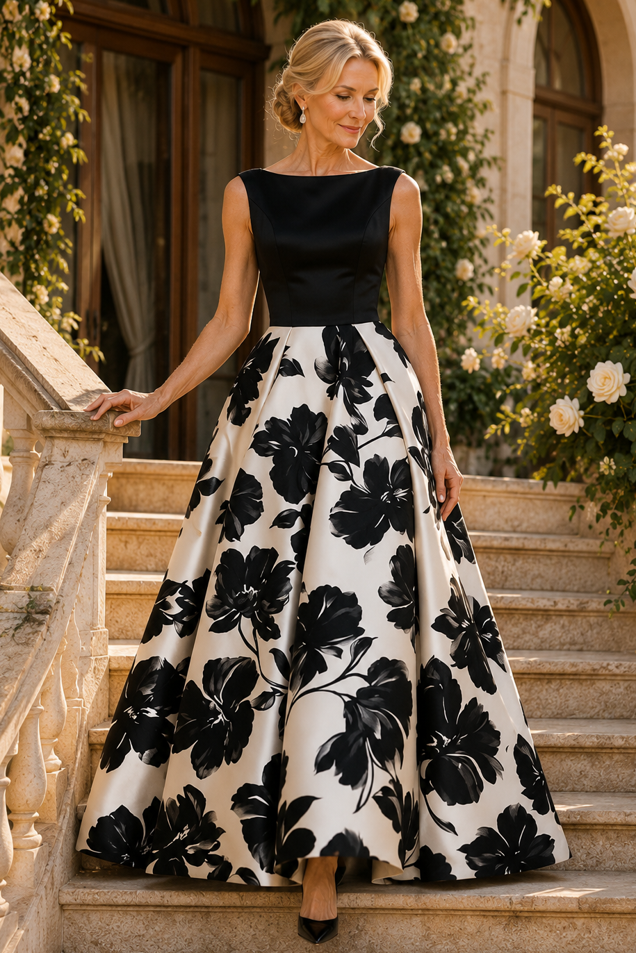 Bateau Sleeveless Floral Print Ball Gown