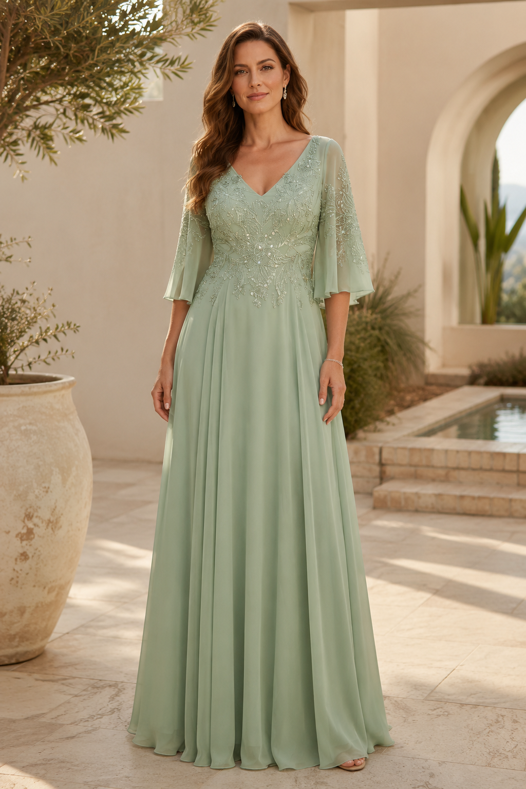 Embroidered A-Line Gown with Flutter Sleeves