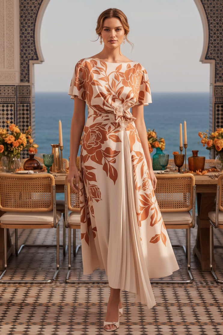 Floral Bateau Neck Asymmetrical Midi Dress