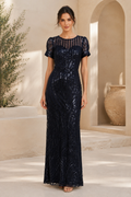Sequin Illusion Neck Short Sleeve Evening Gown