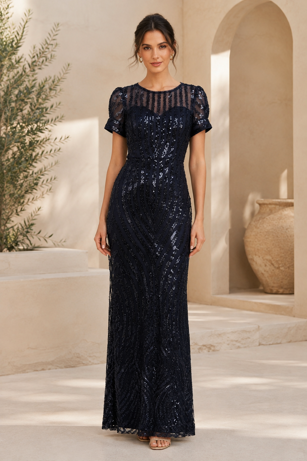 Sequin Illusion Neck Short Sleeve Evening Gown