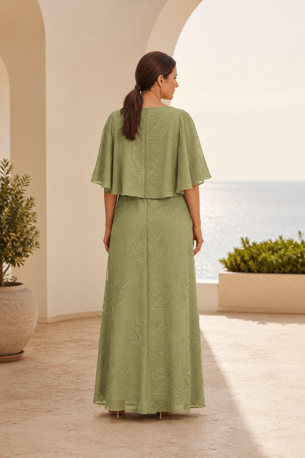 Floral Textured A-Line Gown with Flutter Cape Sleeves