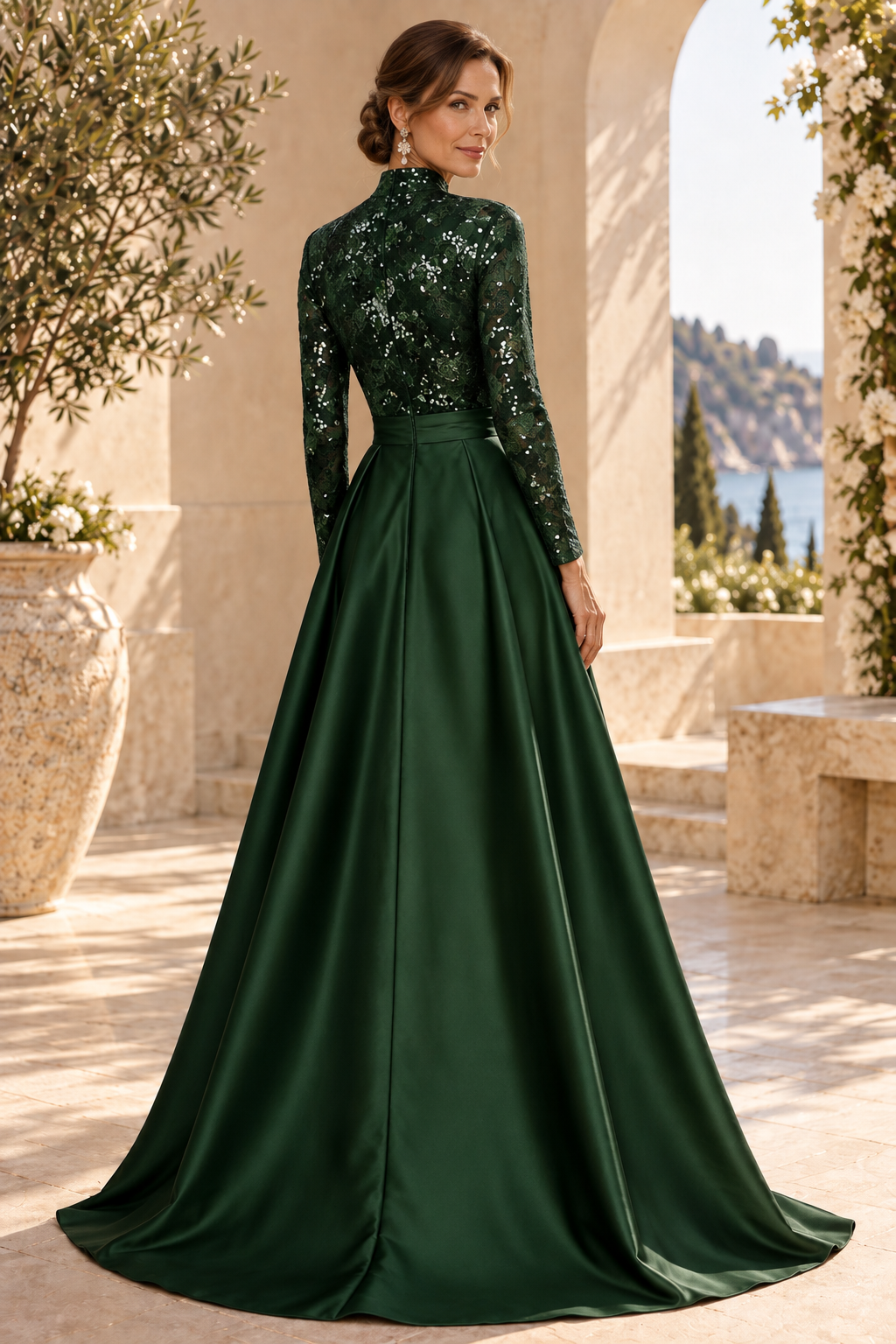 High Neck Sequin Bodice Long Sleeve Satin Gown
