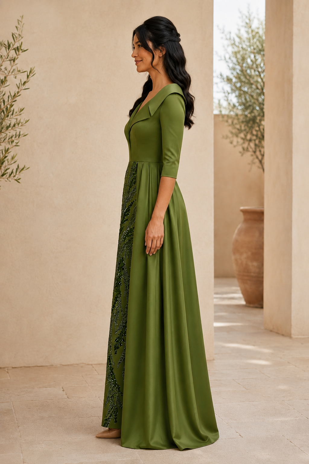 Sequin & Satin Evening Gown with Folded Collar