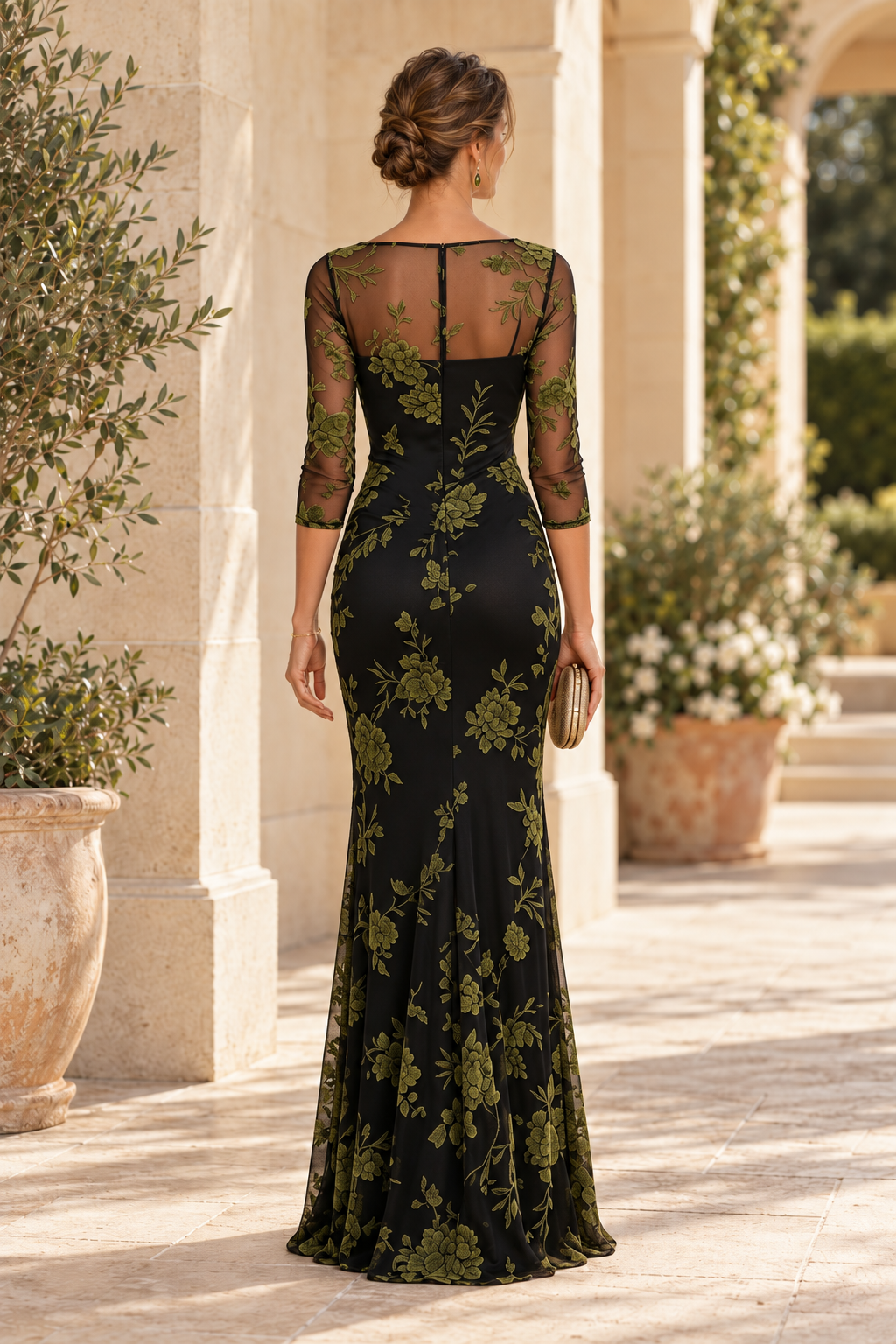 Floral Illusion 3/4 Sleeve Ruched Mermaid Gown