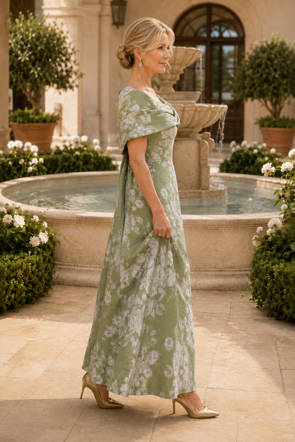 One-Shoulder Floral Jacquard Gown with Shawl