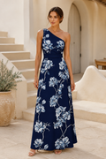 One-Shoulder Floral Print A-Line Maxi Dress