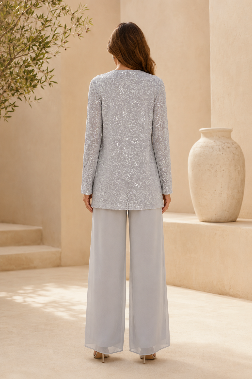 Sequined Jacket and Wide-Leg Pantsuit Set