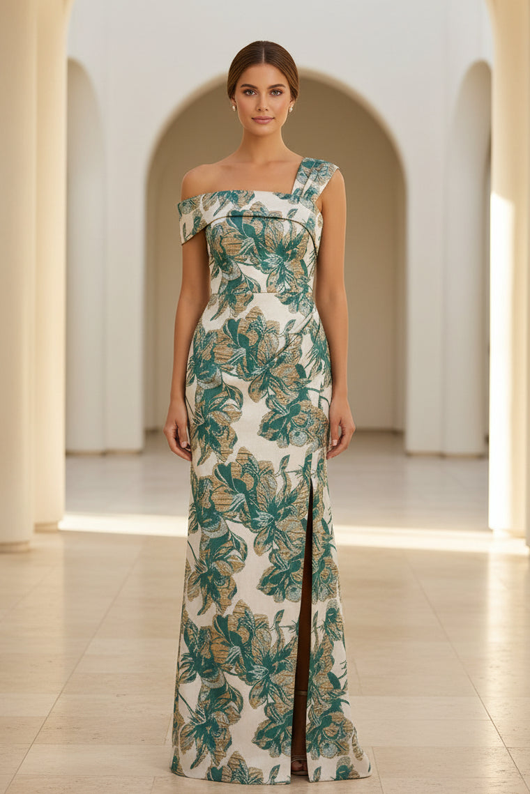 Floral Jacquard One-Shoulder Slit Evening Gown