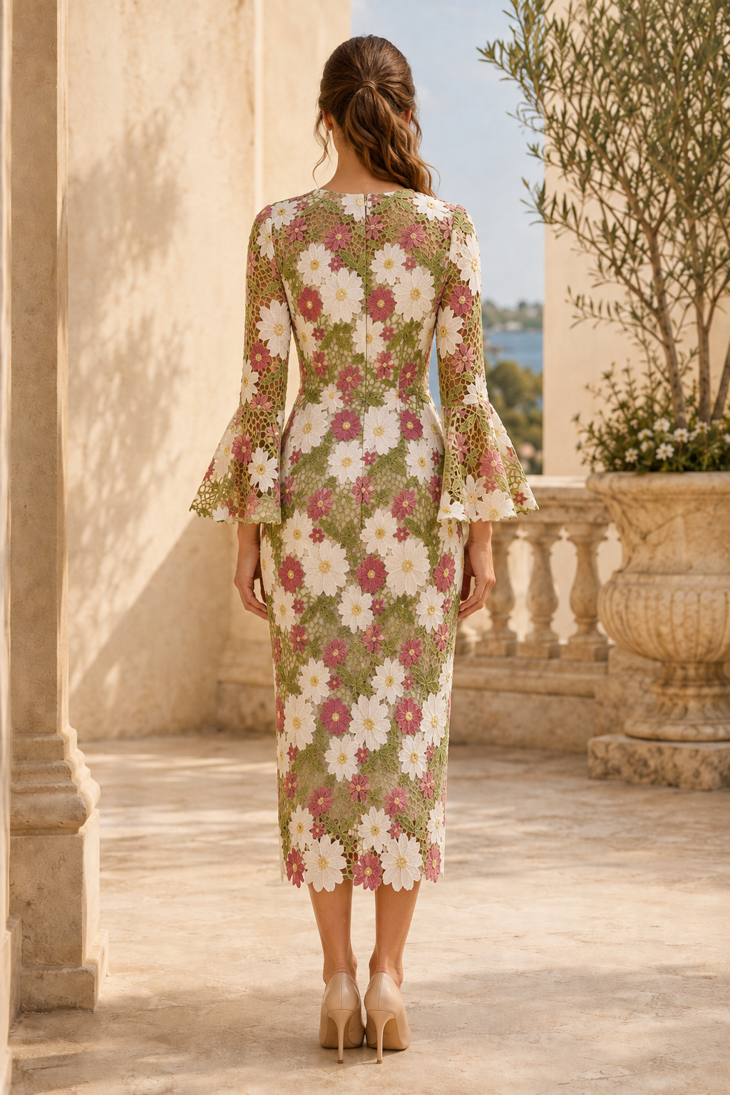Floral Lace Midi Sheath Dress with Bell Sleeves