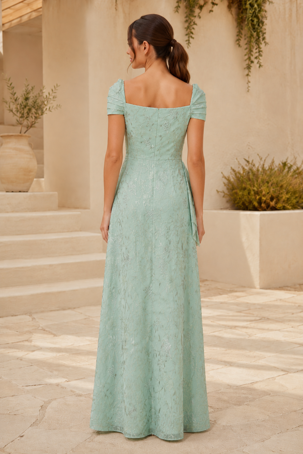 Floral Jacquard Cap Sleeve Gown with Side Draping