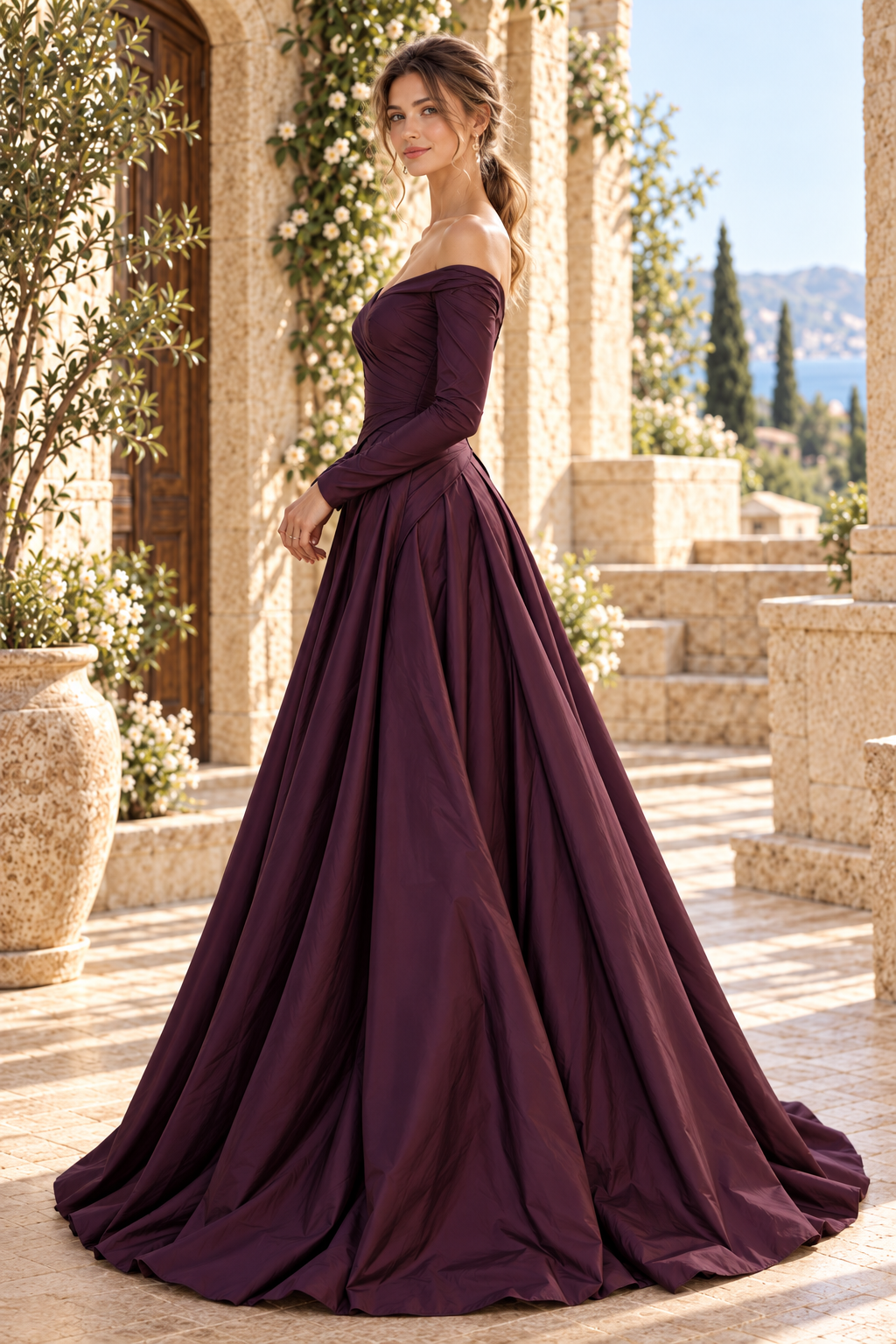 Off-the-Shoulder Long Sleeve Ball Gown