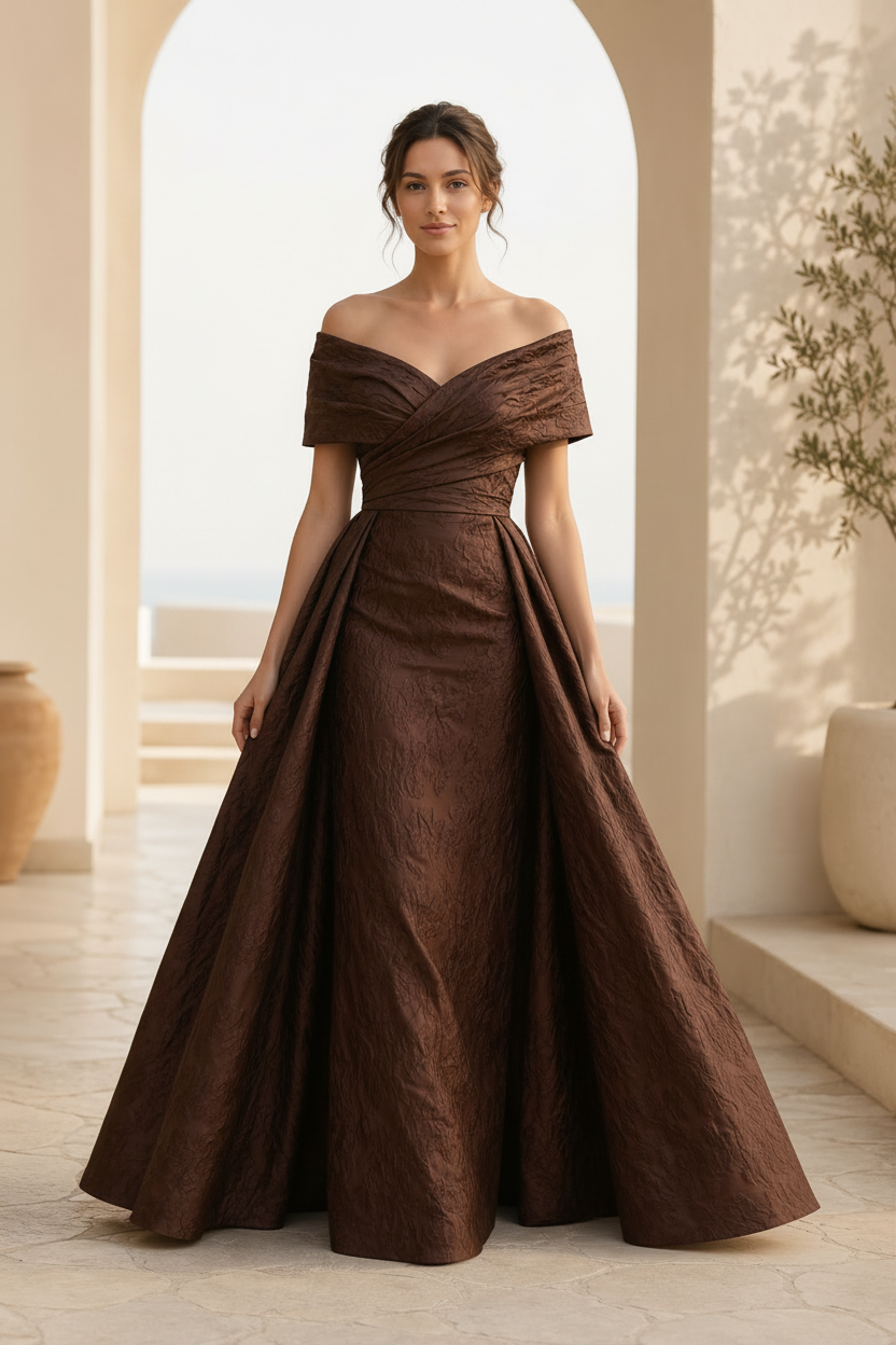 Off-the-Shoulder Jacquard A-Line Gown with Pleated Bodice