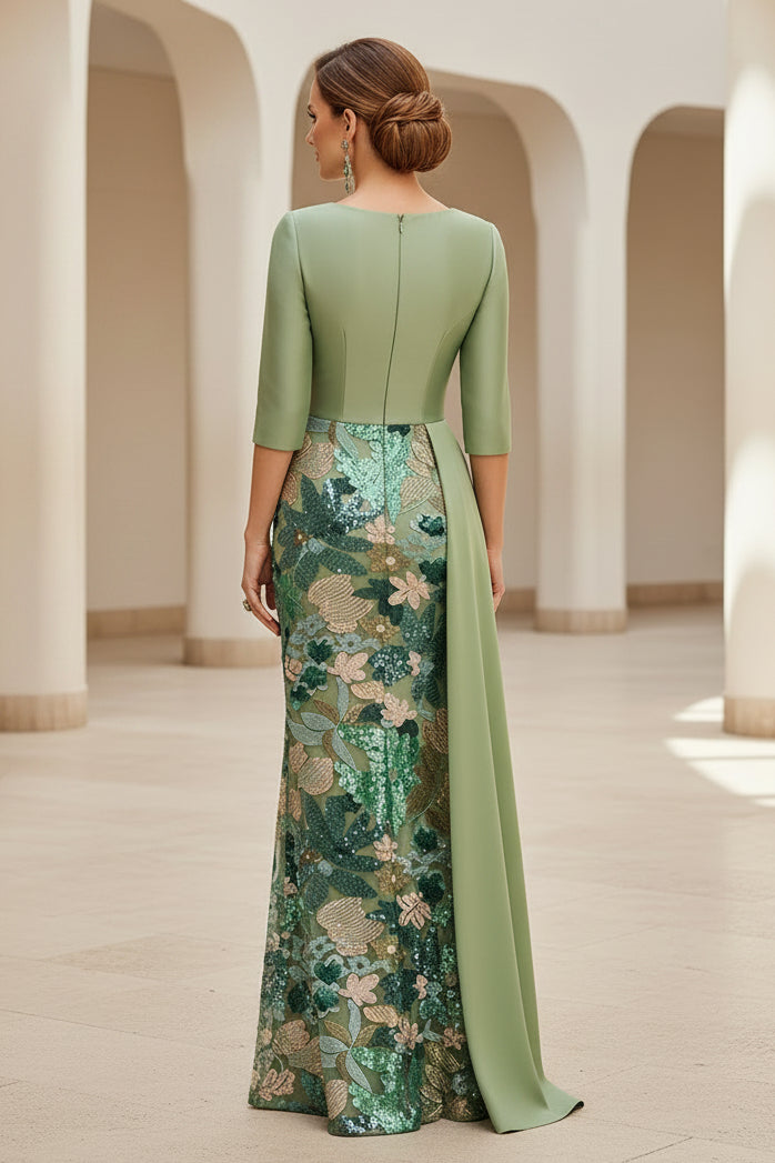 Sequin Floral Embroidered Gown with Satin Drape