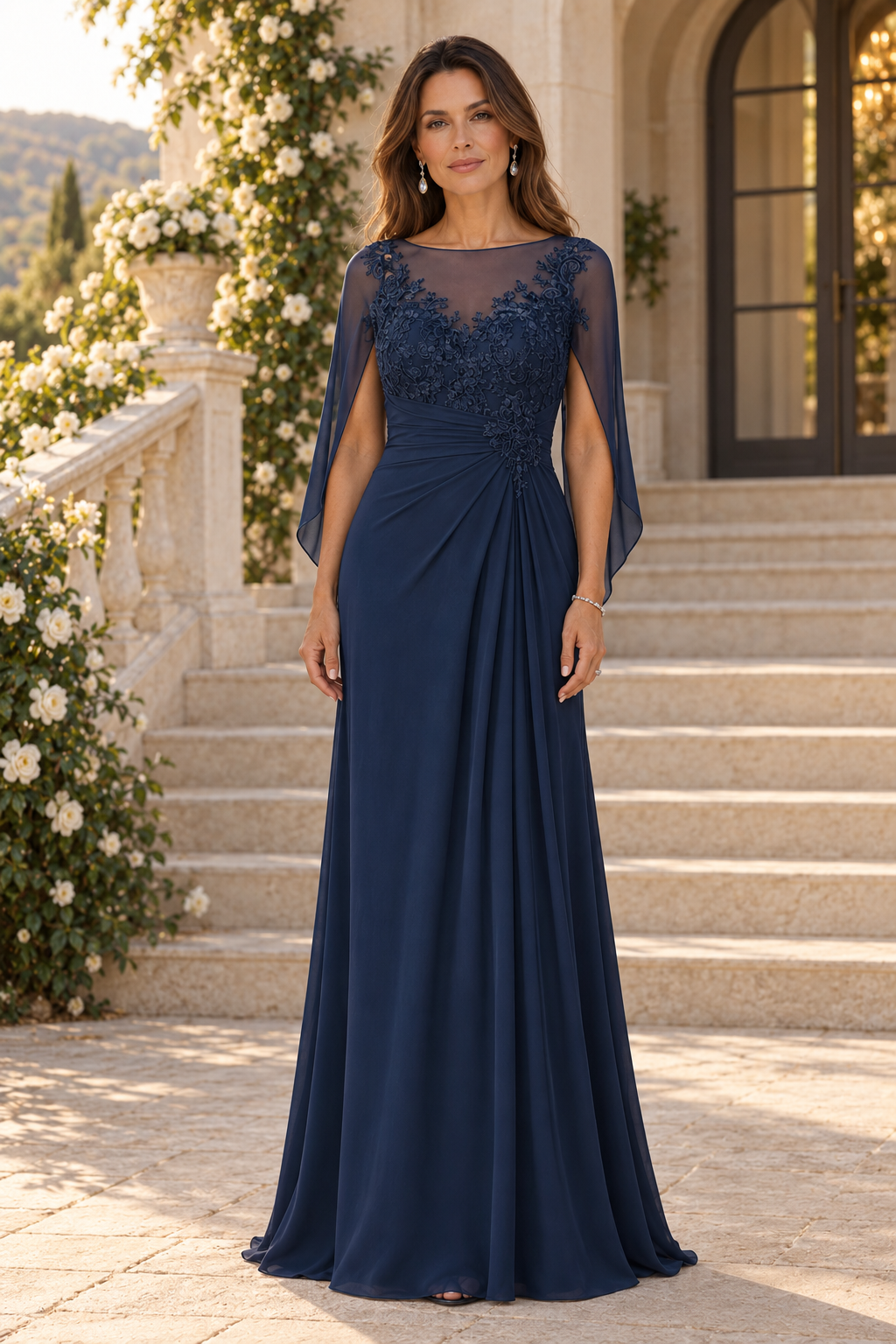 Illusion Neckline Cape Evening Gown with Appliques