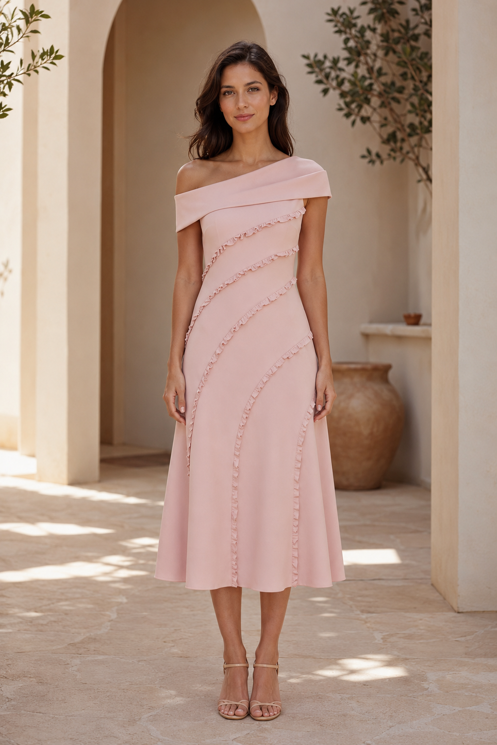 Off-the-Shoulder Midi Dress with Spiral Ruffle Trim