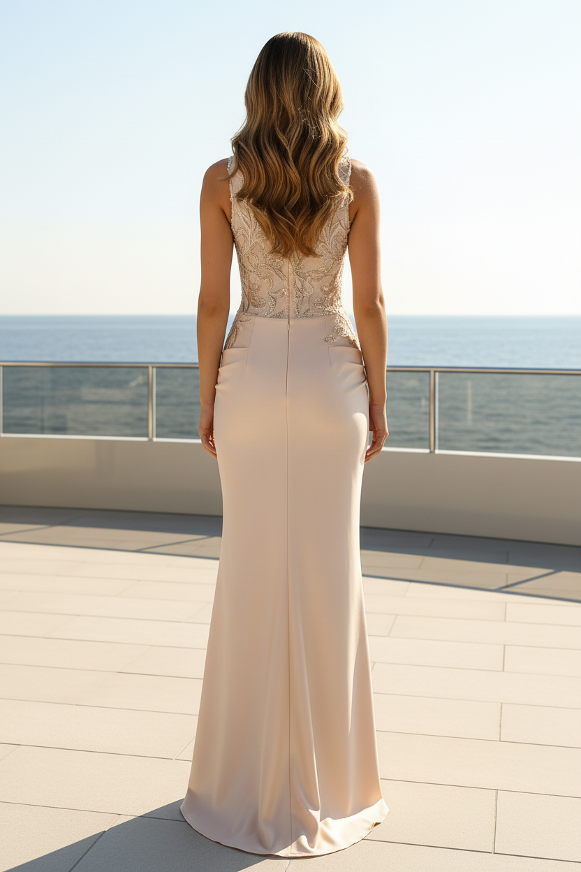 Embroidered Lace Bodice Satin Sheath Gown