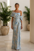 Off Shoulder Jacquard Draped Formal Evening Gown