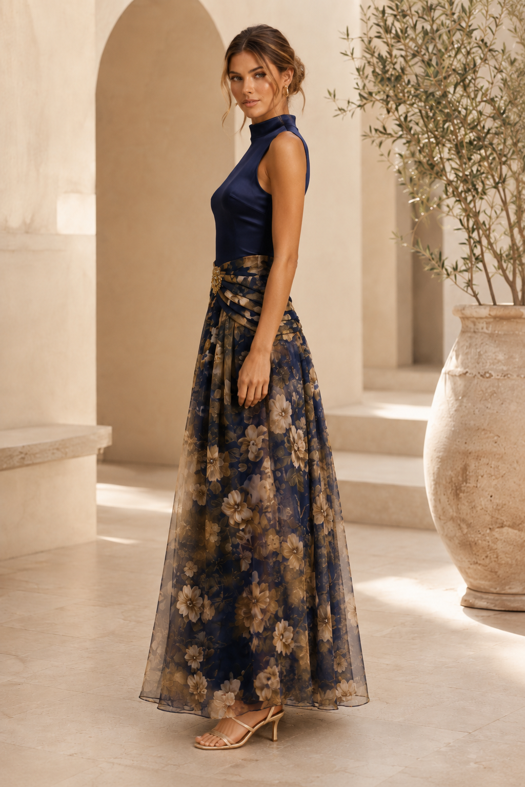 High-Neck Floral Print A-Line Evening Gown