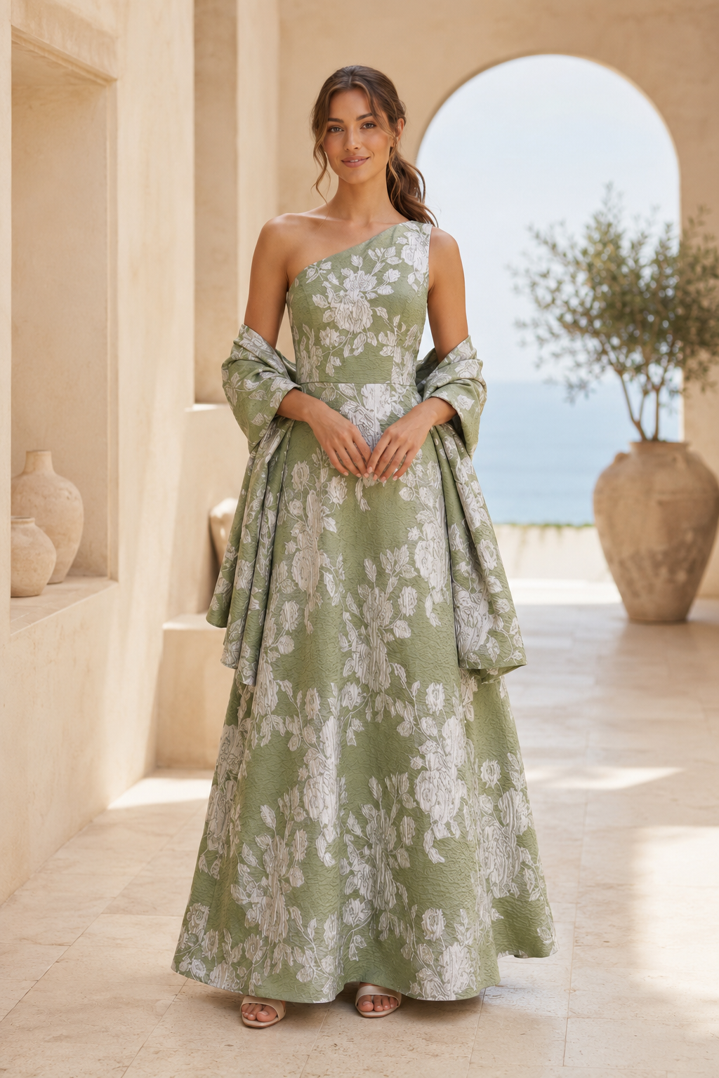 One-Shoulder Floral Jacquard A-Line Gown with Matching Shawl
