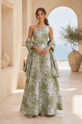 One-Shoulder Floral Jacquard A-Line Gown with Matching Shawl