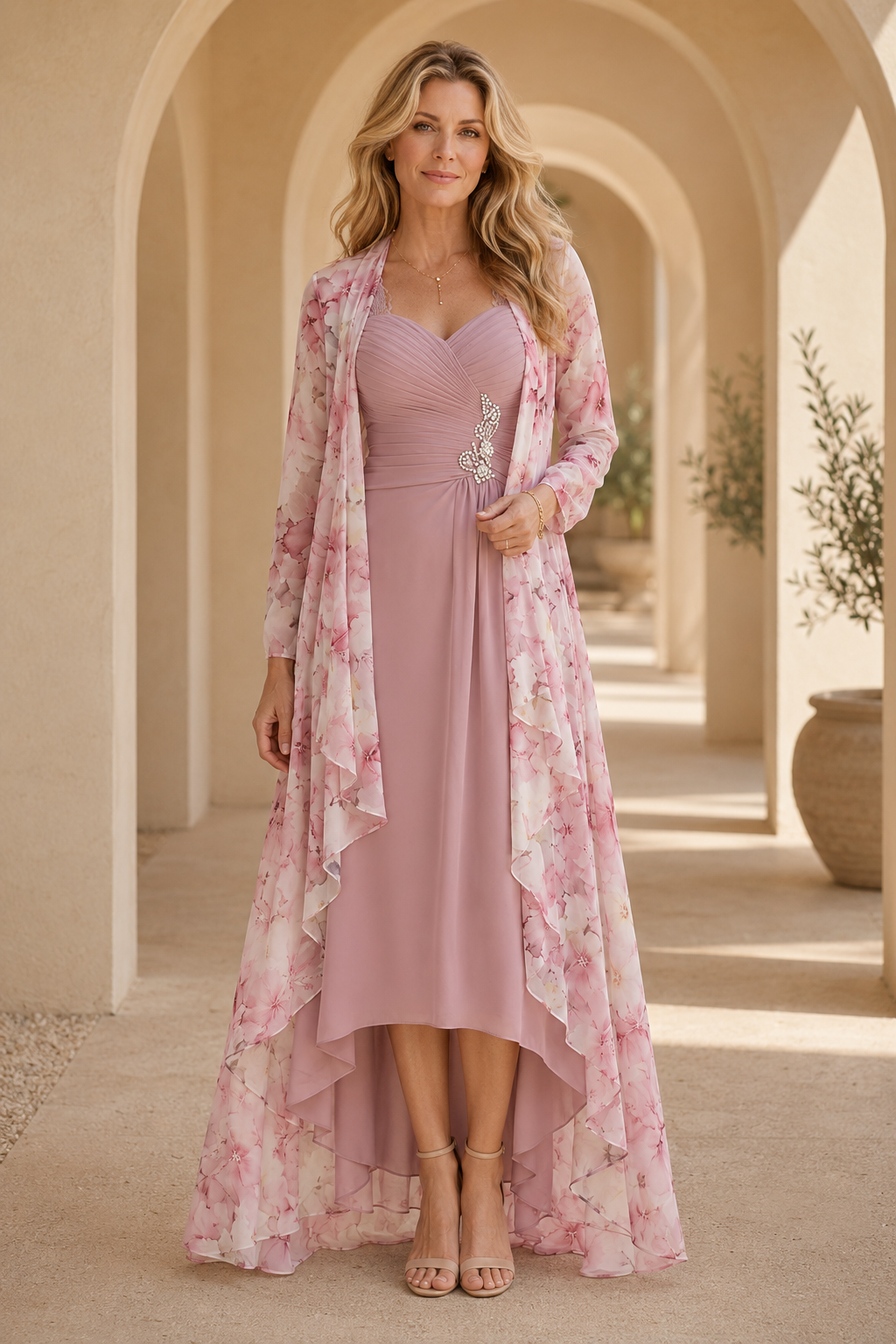 High-Low Dress with Floral Duster Jacket