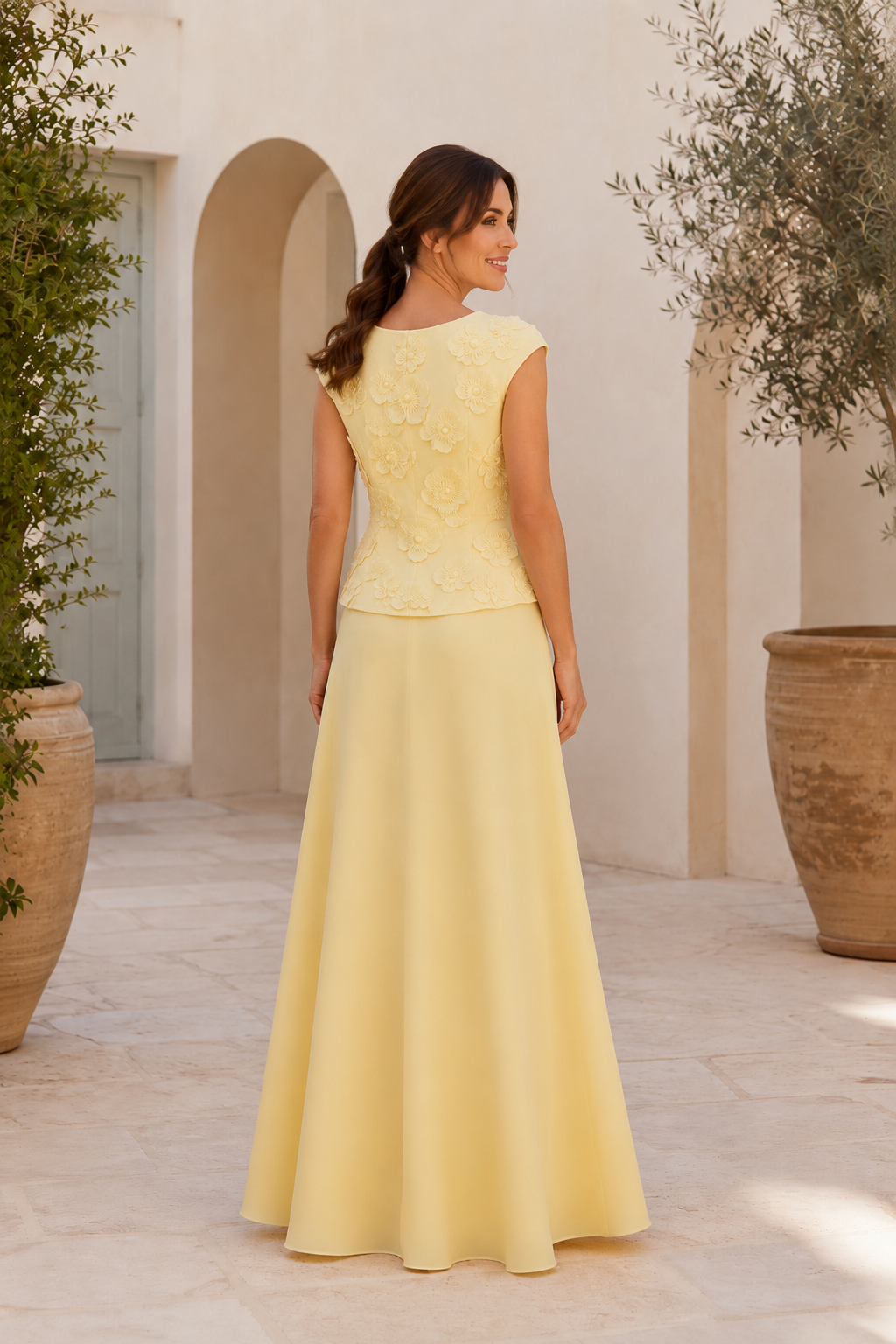 Two-Piece A-Line Evening Gown with 3D Floral Top
