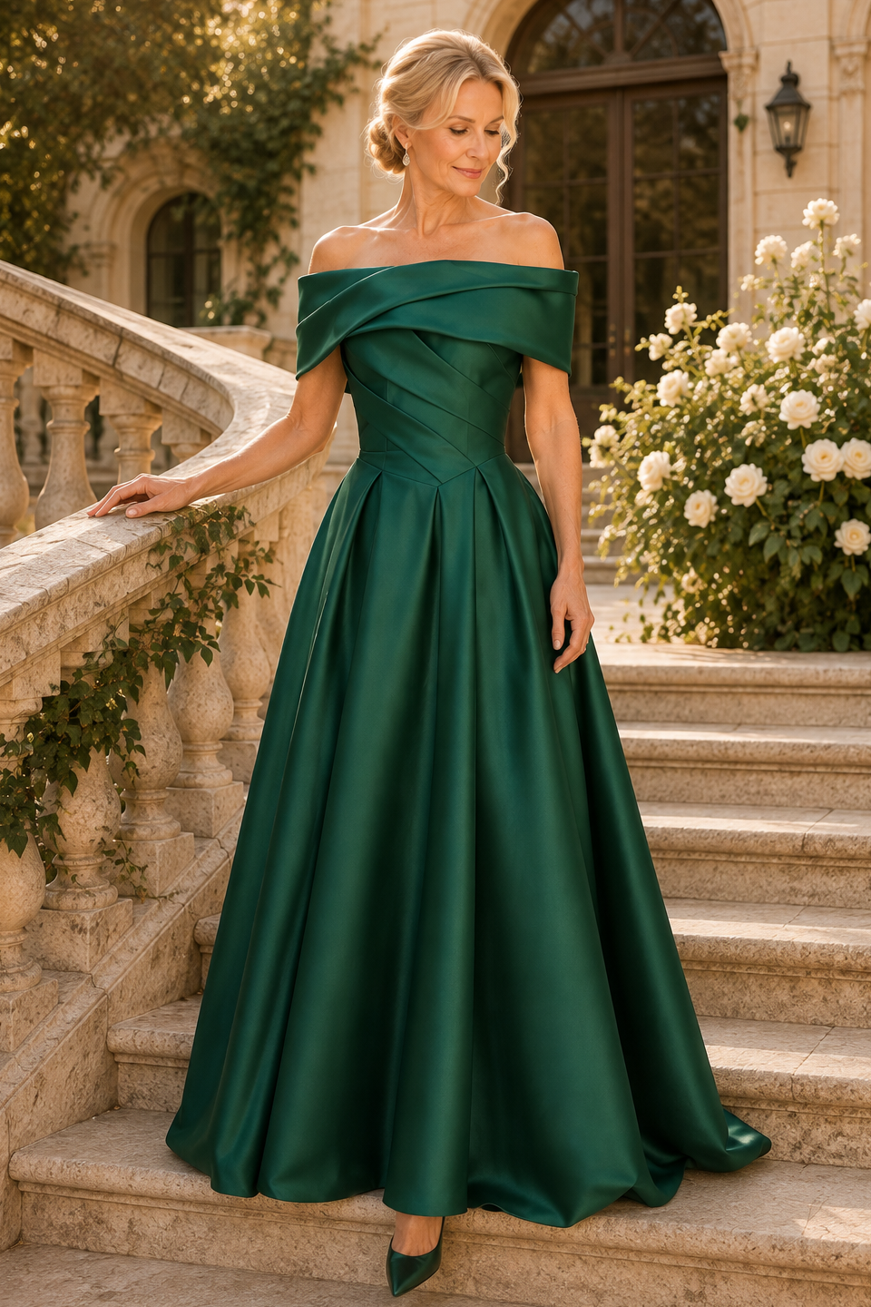 Off-the-Shoulder Pleated Satin A-Line Evening Gown