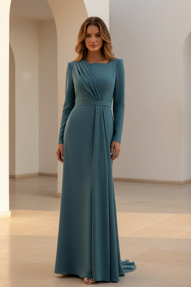 Square Neck Pleated Long Sleeve Evening Gown